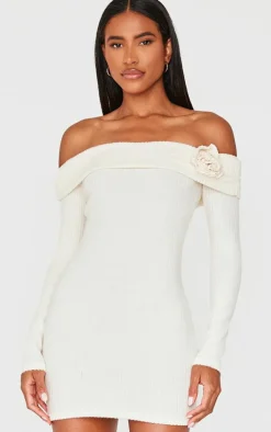 Cream Brushed Rib Fold Over Bardot Corsage Detail Bodycon Dress
