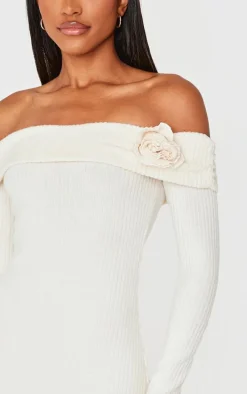 Cream Brushed Rib Fold Over Bardot Corsage Detail Bodycon Dress