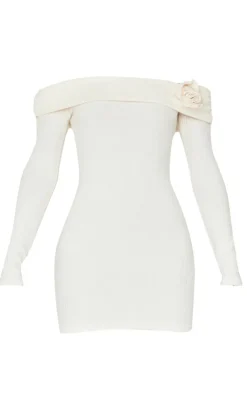 Cream Brushed Rib Fold Over Bardot Corsage Detail Bodycon Dress