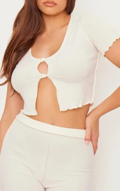 Cream Brushed Rib Long Sleeve Pajama Top