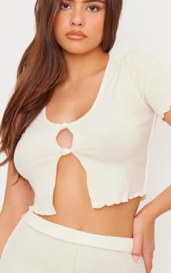 Cream Brushed Rib Short Sleeve Pajama Top