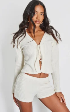 Cream Brushed Rib Tie Front Top