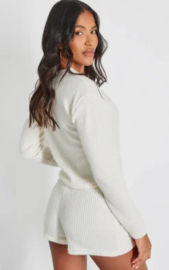 Cream Brushed Rib Tie Front Top