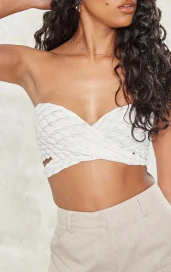 Cream Bubble Textured Knit Cross Front Top