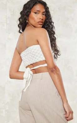 Cream Bubble Textured Knit Cross Front Top