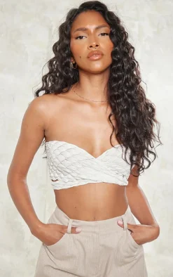 Cream Bubble Textured Knit Cross Front Top