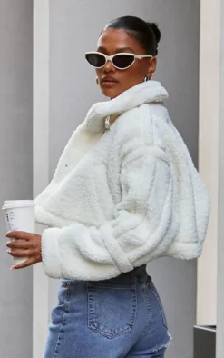 Cream Buckle Collar Borg Aviator Jacket