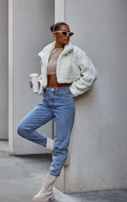 Cream Buckle Collar Borg Aviator Jacket