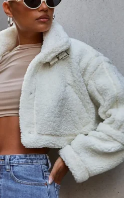 Cream Buckle Collar Borg Aviator Jacket