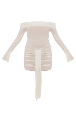 Cream Burnout Mesh Long Sleeve Bardot Ruched Bodycon Dress