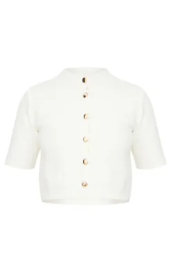 Cream Button Up Cap Sleeve Boucle Knit Cardigan