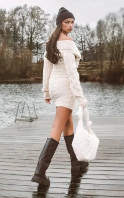 Cream Cable Cross Front Wrap Knit Sweater