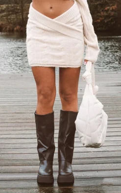 Cream Cable Cross Front Wrap Mini Knit Skirt