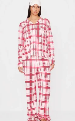 Cream Check Print Jersey Long Pj Set