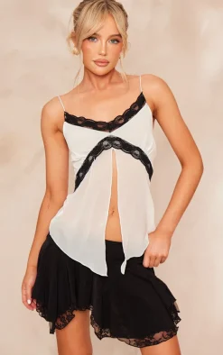 Cream Chiffon Contrast Lace Strappy Cami Top