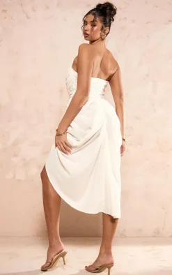 Cream Chiffon Corset Bandeau Draped Midi Dress