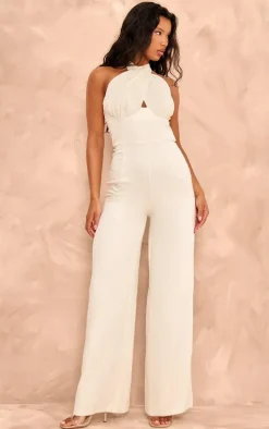 Cream Chiffon Halter Neck Tie Detail Jumpsuit