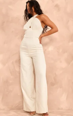 Cream Chiffon Halter Neck Tie Detail Jumpsuit