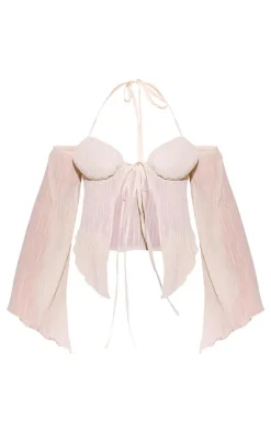 Cream Chiffon Plisse Split Hem Blouse