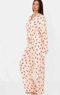 Cream Chilli Print Crinkle Long Pj Set