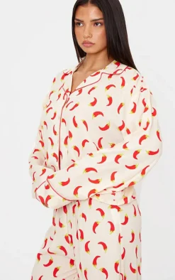 Cream Chilli Print Crinkle Long Pj Set