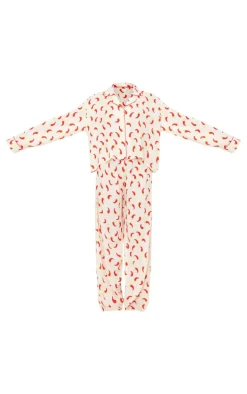 Cream Chilli Print Crinkle Long Pj Set