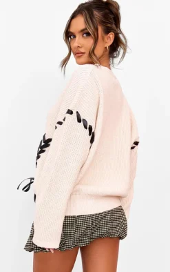 Cream Chunky Knit Ribbon Detail Cardigan