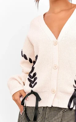 Cream Chunky Knit Ribbon Detail Cardigan