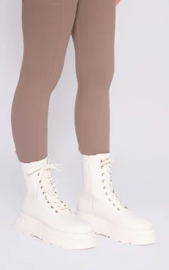 Cream Cleated Angled Chunky Sole Lace Up Ankle Boots
