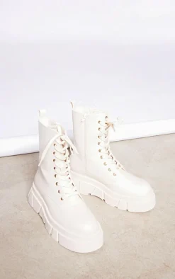 Cream Cleated Angled Chunky Sole Lace Up Ankle Boots