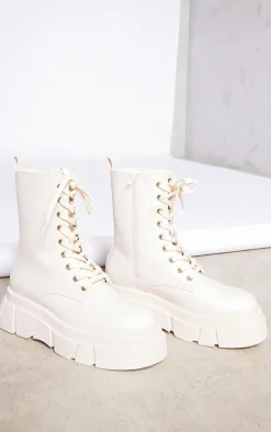 Cream Cleated Angled Chunky Sole Lace Up Ankle Boots