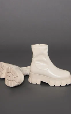 Cream Cleated Sole Ankle Sock Boots