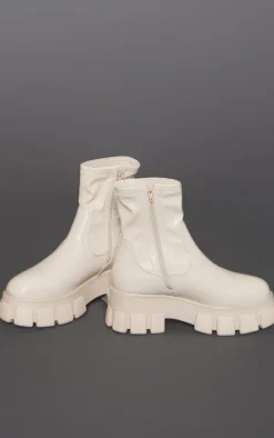 Cream Cleated Sole Ankle Sock Boots
