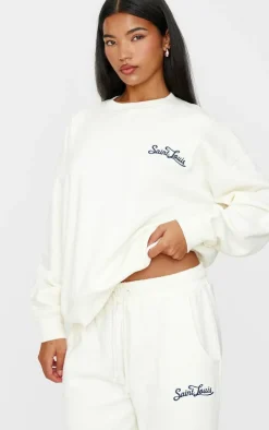 Cream Contrast Embroidered Saint Louis Low Rise Wide Leg Sweatpants