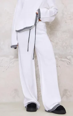 Cream Contrast Stitch Detail Knit Drawstring Waist Pants