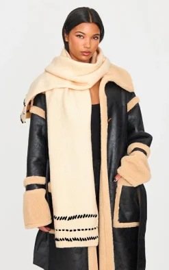 Cream Contrast Stitch Knit Scarf