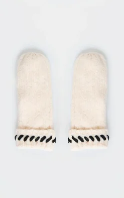 Cream Contrast Stitch Knit Mittens