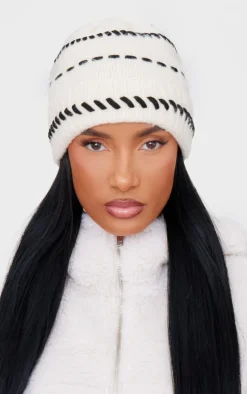 Cream Contrast Stitch Knit Beanie