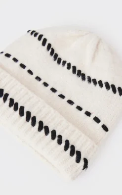 Cream Contrast Stitch Knit Beanie