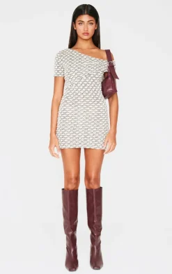 Cream Contrast Textured Asymmetric One Shoulder Bodycon Dress