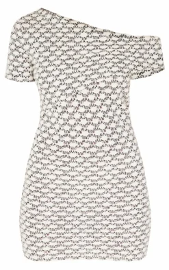 Cream Contrast Textured Asymmetric One Shoulder Bodycon Dress