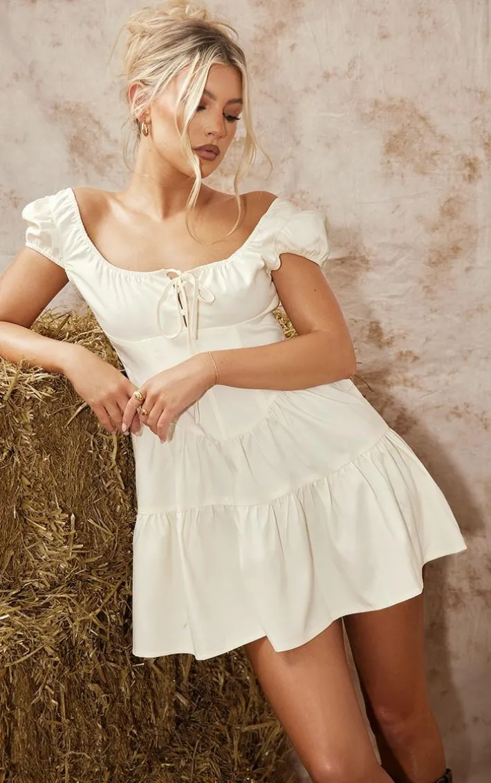 Cream Corset Detail Tie Shift Dress