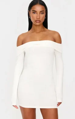 Cream Cotton Bardot Fold Over Mini Dress