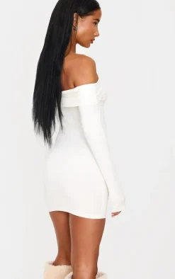 Cream Cotton Bardot Fold Over Mini Dress