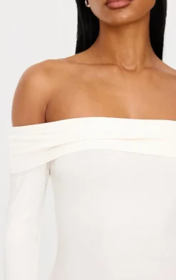 Cream Cotton Bardot Fold Over Mini Dress