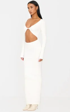 Cream Cotton Twist Cut Out Long Sleeve Midaxi Dress