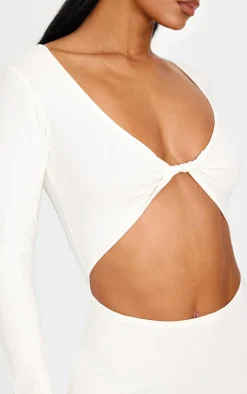 Cream Cotton Twist Cut Out Long Sleeve Midaxi Dress