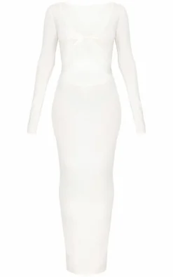 Cream Cotton Twist Cut Out Long Sleeve Midaxi Dress