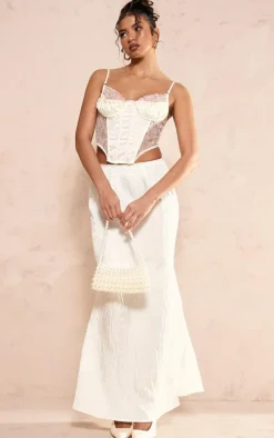 Cream Crinkle Satin Fishtail Low Rise Maxi Skirt