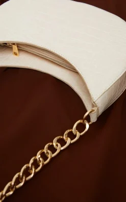 Cream Croc Crescent Mixed Chain Strap Shoulder Bag
